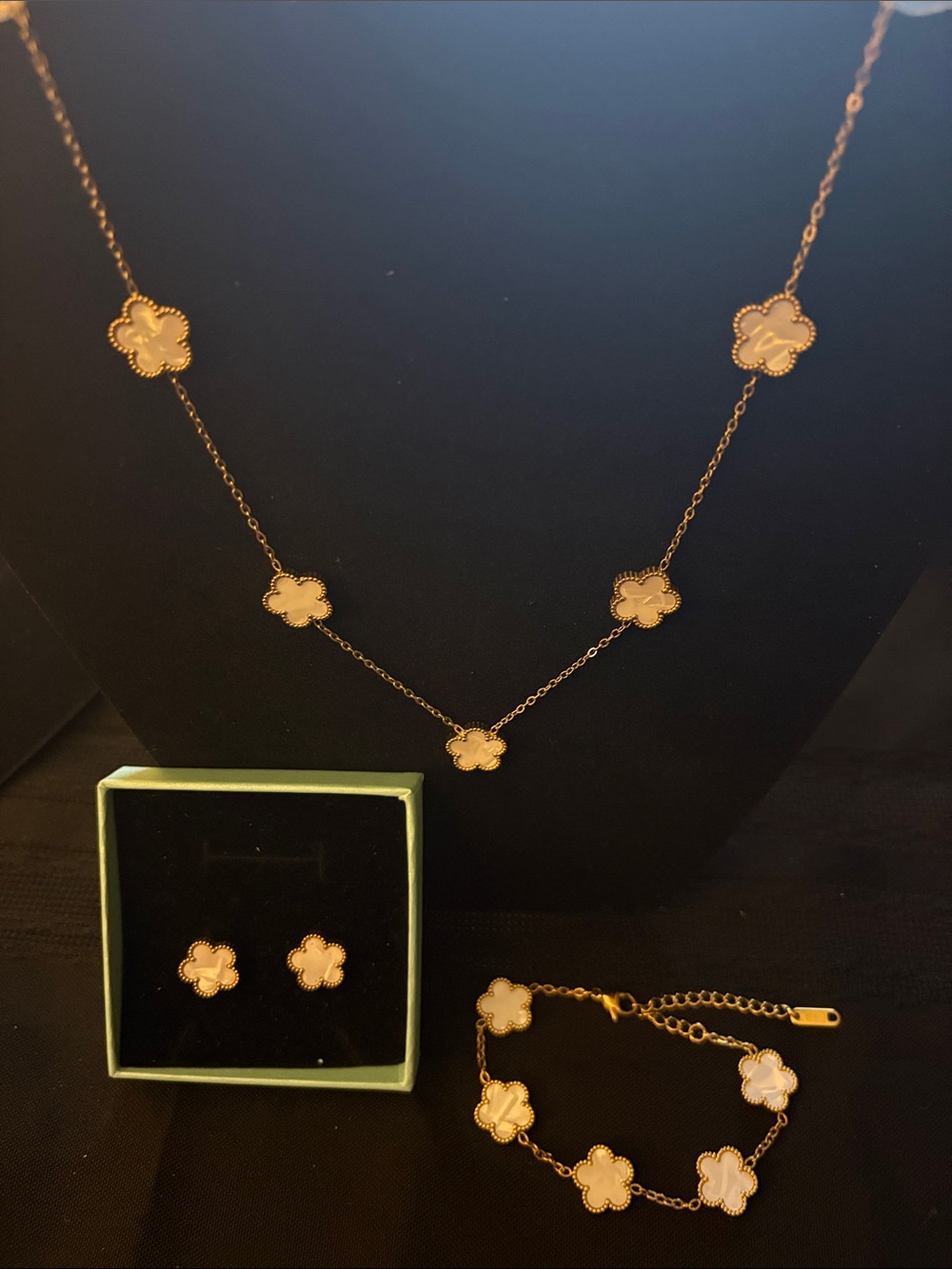 Gold Tone White Clover Necklace, Bracelet & Stud Earring Set